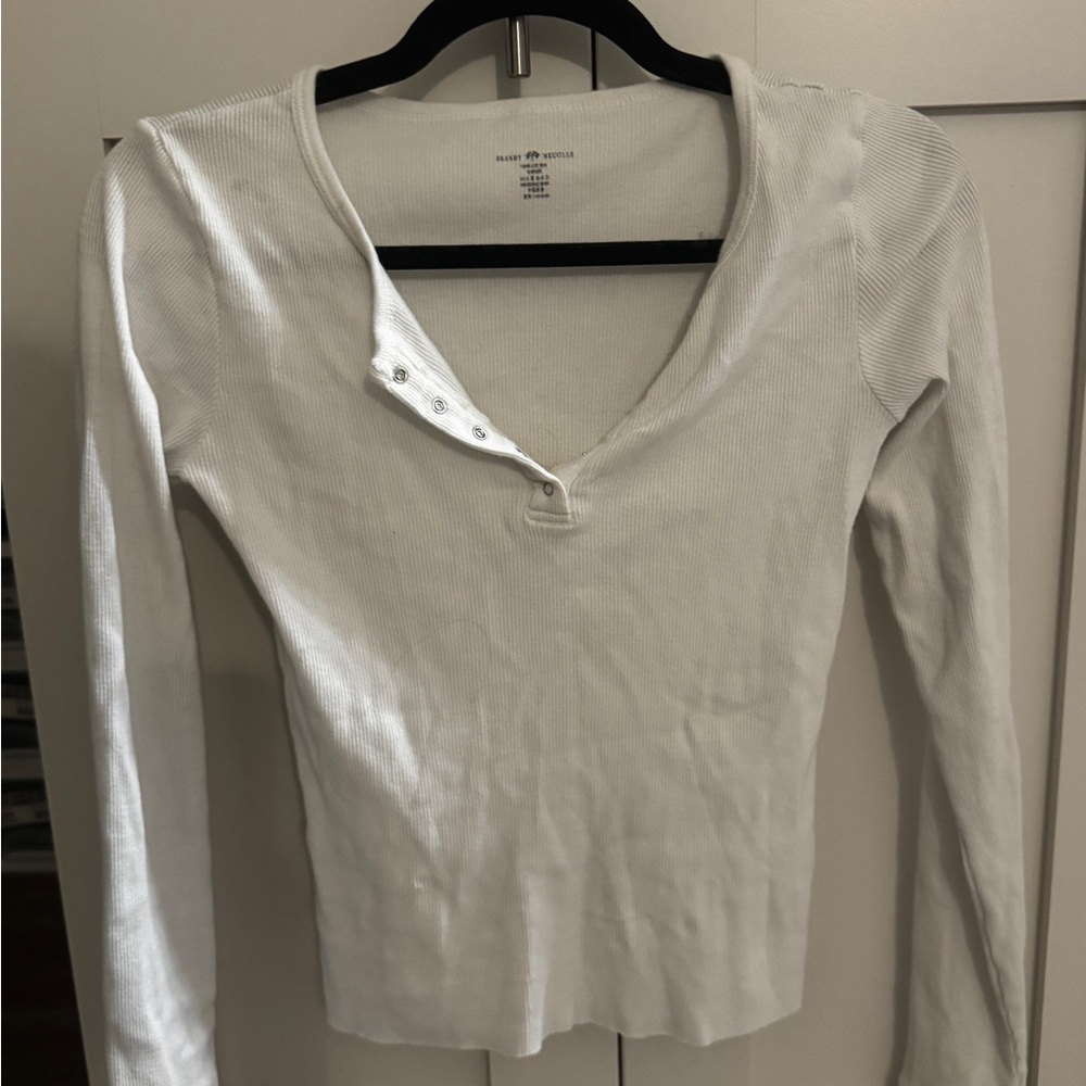 Brandy Melville White Ribbed Long Sleeve Henley